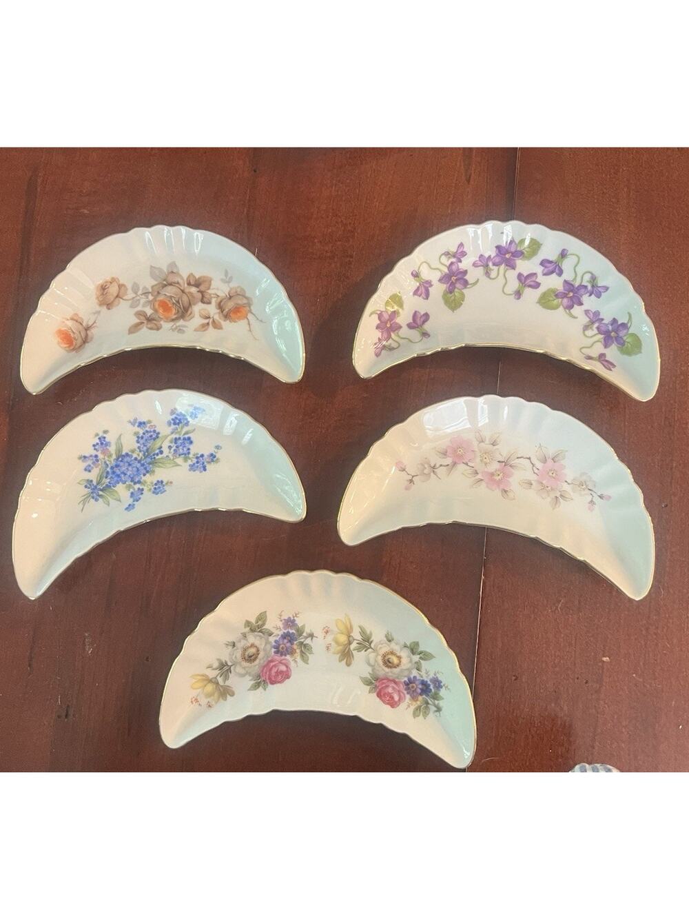 Vintage Set Old Nuremberg Bavaria Germany Bone Crescent Dish Gold Trim Floral